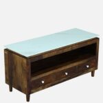 Woodmira Mango Wood TV Unit with 2 Cabinets and Open Display Shelf - Image 2