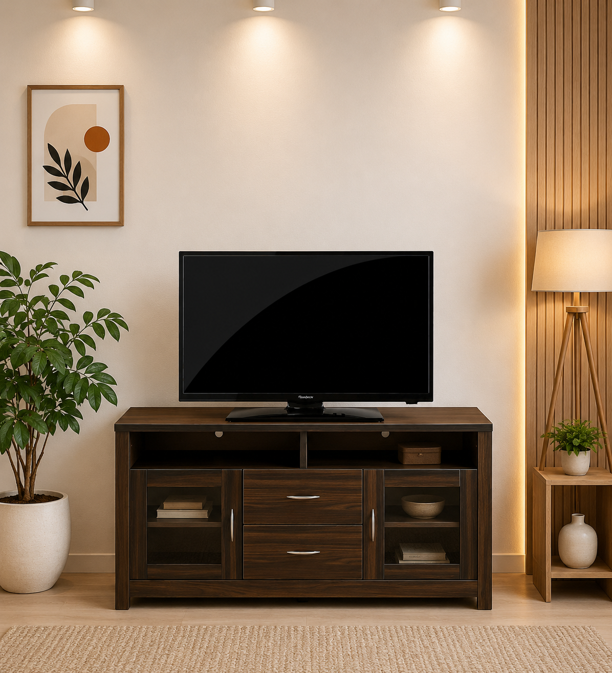 classic-wood-1-4-1.png Luxora Solid Teak Wood TV Unit with Brass Inlay Handles in Dark Mahogany - Image 1