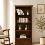Mudrika Sheesham Wood Bookshelf with Hand Carved Panel Sides in Raw Brown