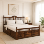 Zelvyn Teak Solid Wood Queen Size Hydraulic Bed With Storage in Copper Teak Finish