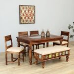 Furniture Tile Solid Sheesham Wood 6 Seater Dining Table Set with Cushioned Bench & Chairs | Premium Handcrafted Wooden Dining Furniture