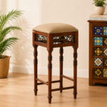 Alder Sheesham Wood Counter Height Bar Stool in Teak Finish